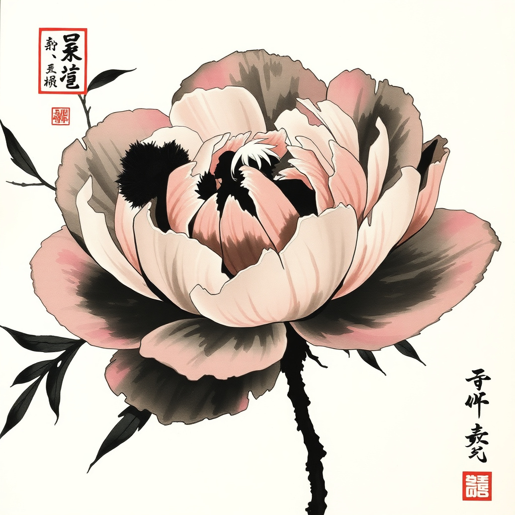 Chinese ink painting of a peony flower with anime character silhouette